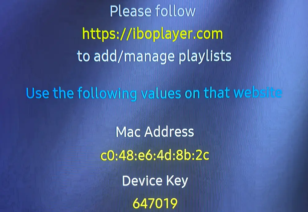 IBO Player MAC Address és Device Key képernyő