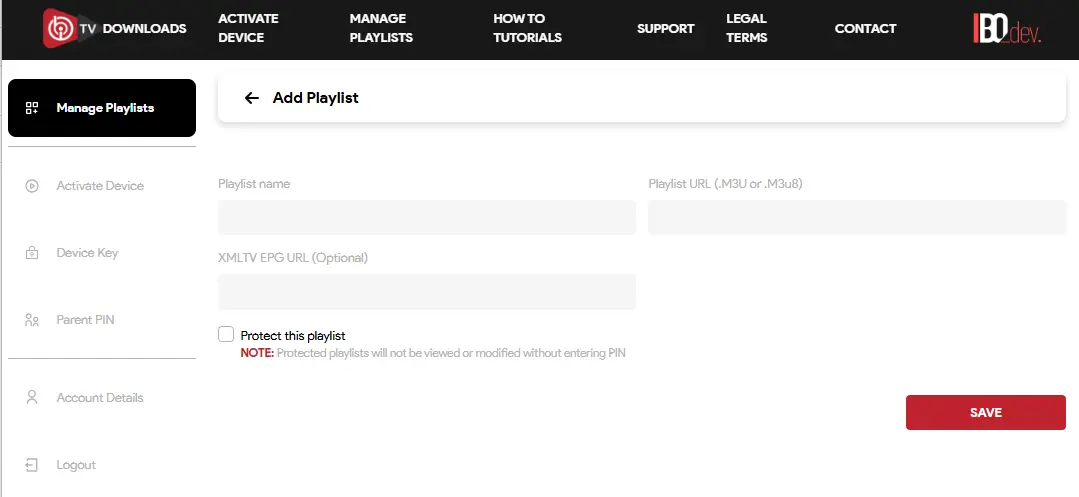 IBO Player Add Playlist oldal M3U link megadásához
